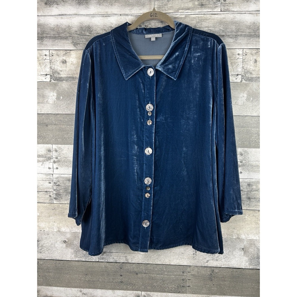 Habitat Blue Long Sleeve Button Up Velour Blouse